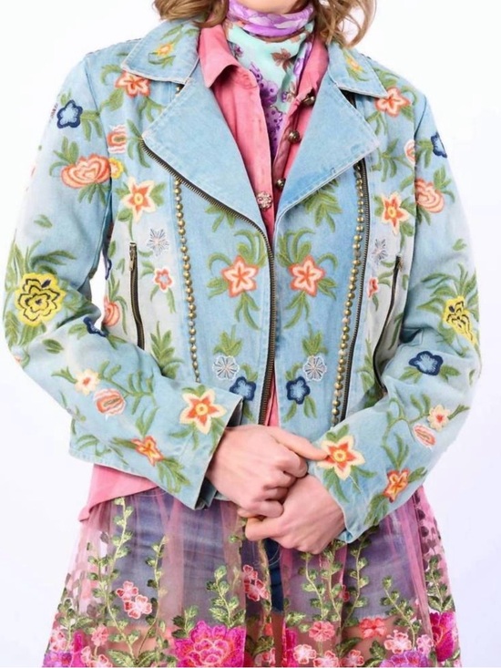 Aratta Jackets & Blazers - Sold out AR.NWT $240 Aratta Lucinda Embroidered Denim  Light Blue Floral Moto